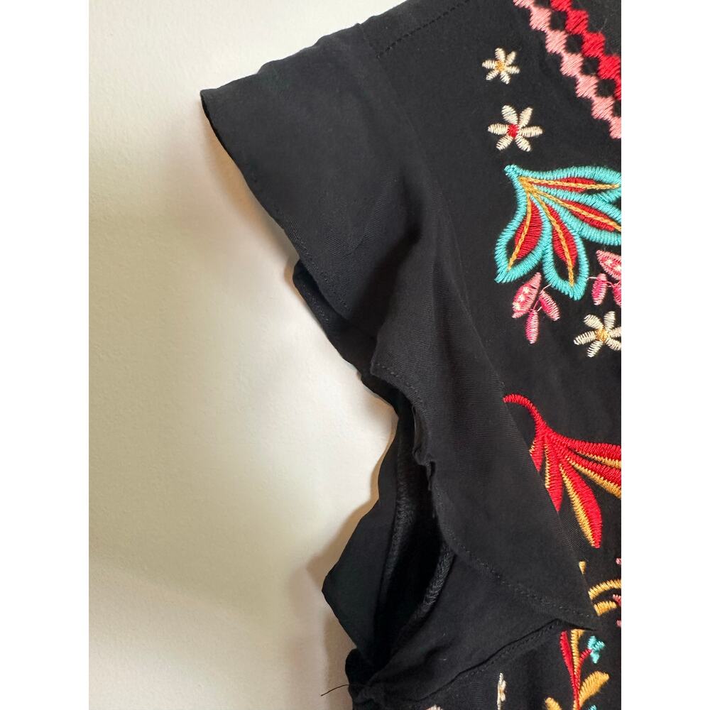 Savanna Jane Embroidered Jumpsuit M Black Floral Boho Wide Leg Flutter Sleeve - Picture 5 of 13